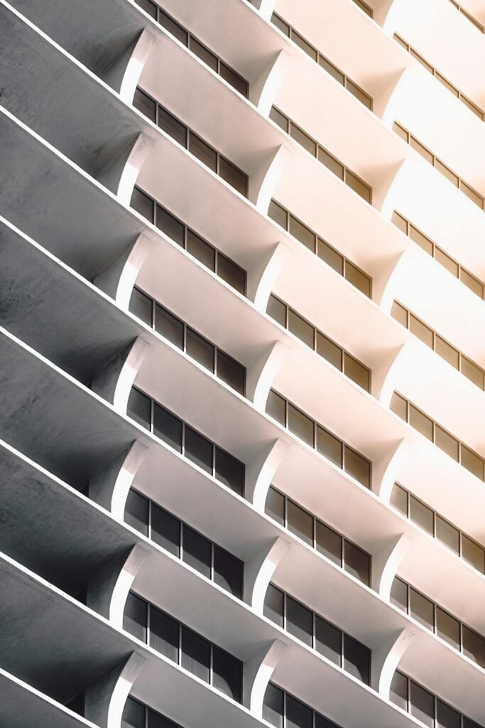 A captivating perspective of a modern, futuristic building in Miami showcasing sleek design and geometry.